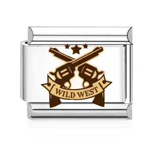 Detail of Wild West themed stainless steel Italian link charm with crossed pistols