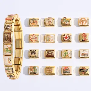 Stainless Steel Italian Modular Charm Link Western Cowboy Series Cowboy Hat Cactus Sheriff Star Enamel DIY Bracelet Link Jewelry