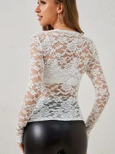 Detailed back view of an elegant white floral lace long sleeve slim fit top for women