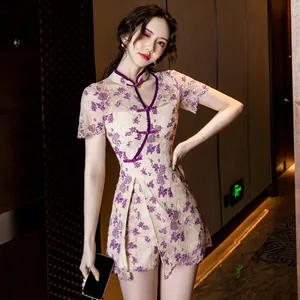 Elegant modern Chinese style two-piece Qipao set with purple floral lace pattern detail