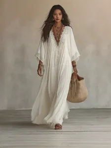 Women V Neck Lace Splicing Maxi Dress Bohemian Batwing Sleeve Vacation Beach Long Dress Flowy Spliced Holiday Sundress