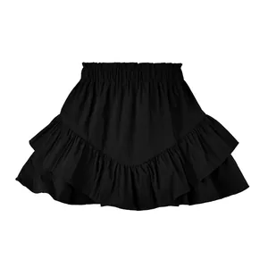 Detailed view of minimalist black high-waisted ruffled tiered cake skirt for women