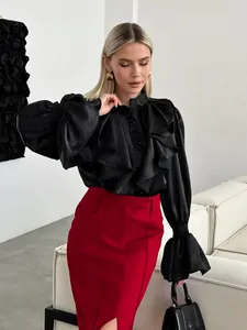 Elegant black satin blouse featuring ruffles flare sleeves and stand collar detail
