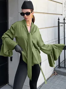 Elegant olive green satin tie-neck shirt with dramatic flared ruffle sleeves detail