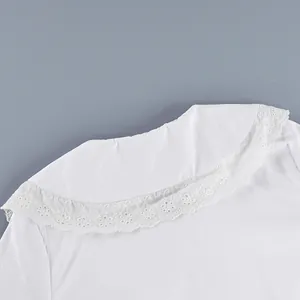 Macro view showing the delicate lace embroidery on a white French cotton blouse collar