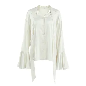 Elegant white satin tie-neck blouse with feminine ruffle sleeves for women