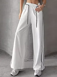 Pantalon de Jogging Taille Haute Large pour Femme Style Américain Rayures Latérales Contrastées Cordon de Serrage