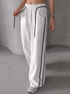 Pantalon de jogging blanc chic à jambes larges avec rayures noires et cordon de serrage