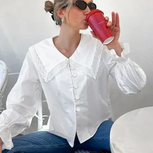 French style white cotton blouse with decorative lace collar and elegant flare sleeves