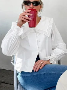 Women French Style White Cotton Shirt Long Sleeve Lace Peter Pan Collar Flared Cuffs Elegant Commute Blouse Button Down Top