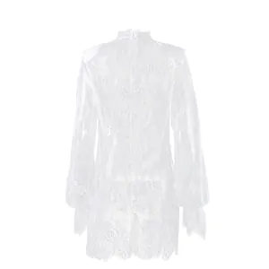 Vue arrière d'une robe élégante en dentelle florale blanche avec col montant et poignets à volants.