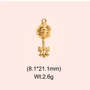 Macro view of a gold stainless steel rattle pendant with weight and size details