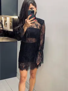 Vue détaillée d'une mini-robe sexy en dentelle noire transparente avec col montant