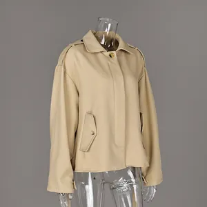 Side view of a khaki frosted velvet short windbreaker jacket with minimalist lapel design