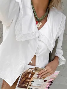 Elegant French style white cotton long sleeve shirt with lace collar and bell sleeves