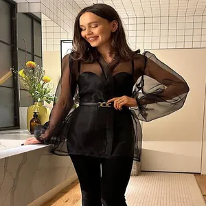 Camicetta sexy in rete nera trasparente a maniche lunghe da donna elegante a strati