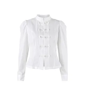 Camisa blanca de manga larga estilo chino con cuello alto y botones de rana elegantes.