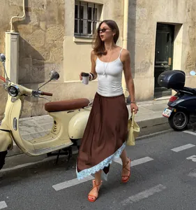 Elegant brown satin midi skirt featuring delicate blue lace trim edge for women