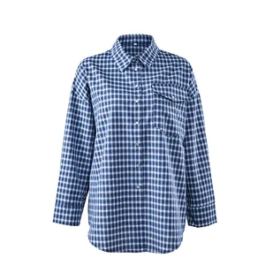 Classic blue and white plaid cotton shirt for women with vintage British style design