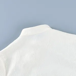 Detail of New Chinese style shirt with textured jacquard fabric and standing collar.
