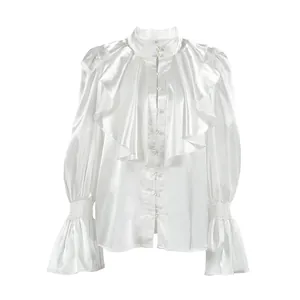 White satin blouse with elegant front ruffles and flared sleeves in a palace style
