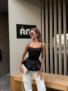 Elegant black satin peplum camisole top with slim fit design for women's lifestyle view