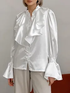 Elegant white satin ruffle blouse with stand collar and flare sleeves for a French look
