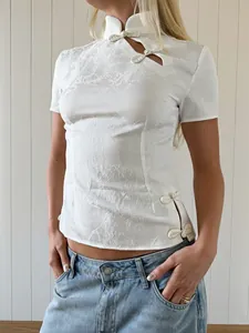 Women New Chinese Style Jacquard Shirt Stand Collar Frog Button Short Sleeve Vintage Blouse Commuter Top
