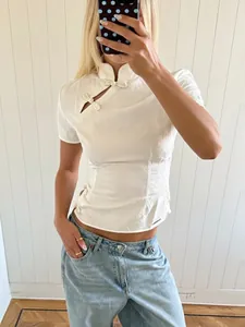 New Chinese style white jacquard short-sleeved shirt with mandarin collar and frog buttons