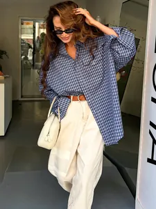 Women's oversized retro blue plaid cotton shirt in British style outfit