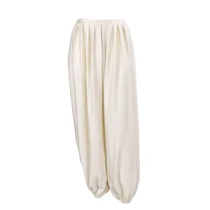 Elegant cream satin harem pants with a pleated waist and gathered cuffs for women's wear