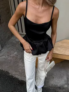Elegant black satin peplum camisole with spaghetti straps for women