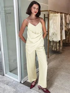 Women Sexy Satin V-Neck Cami Top And High Waist Straight Pants Set Casual Solid Color Sleeveless Top And Bottom Outfit
