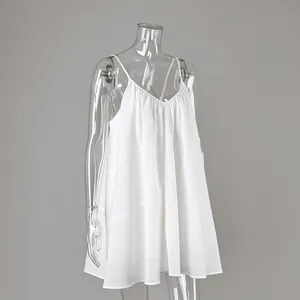 Elegant white V-neck spaghetti strap mini dress in a loose A-line silhouette for summer