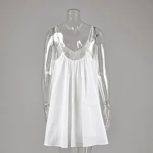 Back view of a loose white V-neck mini camisole dress displayed on a clear mannequin