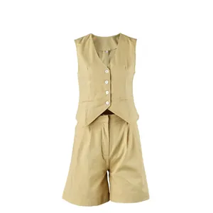 Elegant two-piece linen cotton vest and shorts set in beige for women's summer style