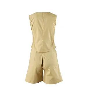 Back detail of minimalist khaki linen blend sleeveless waistcoat and matching shorts set