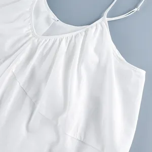 Close-up of white V-neck camisole dress featuring pleated bodice and soft linen texture.