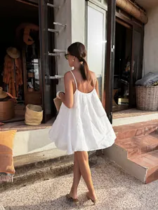 Back view of a stylish white loose spaghetti strap dress perfect for summer holidays.