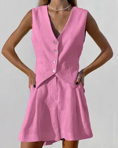 Elegant pink cotton linen vest and shorts two-piece outfit set for summer fashion