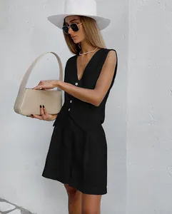 Elegant black cotton-linen vest and shorts two-piece suit for women summer