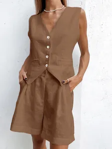Close-up of brown linen-blend vest and shorts set for a minimalist summer look