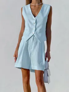 Elegant light blue linen vest and shorts two-piece set for women's summer fashion