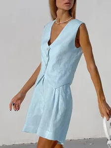 Chic light blue linen sleeveless vest and pleated shorts two-piece set for summer