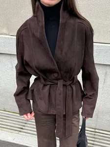 Retro brown faux suede jacket with belted waist and elegant tailored fit for women