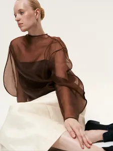 Primer plano de elegante blusa de manga larga de malla marrón transparente con estilo