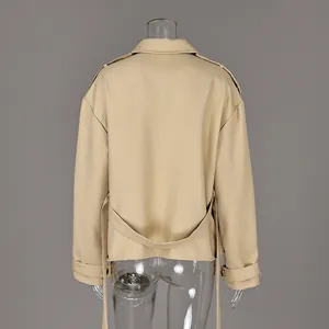 Back view of a beige suede windbreaker jacket showing the collar and belt detail.