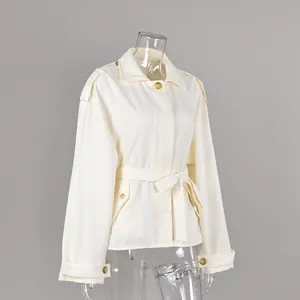 Elegant cream long-sleeve frosted velvet trench coat with lapel and waist belt