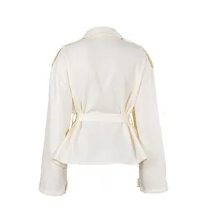 Elegant cream faux suede windbreaker jacket back view with adjustable waist belt