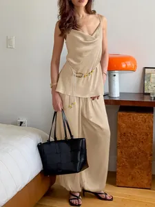 Women's Satin Cami Top And Bottom Casual Wide Leg Pants Two-Piece Set Elegant Lazy Style Sleeveless Loungewear